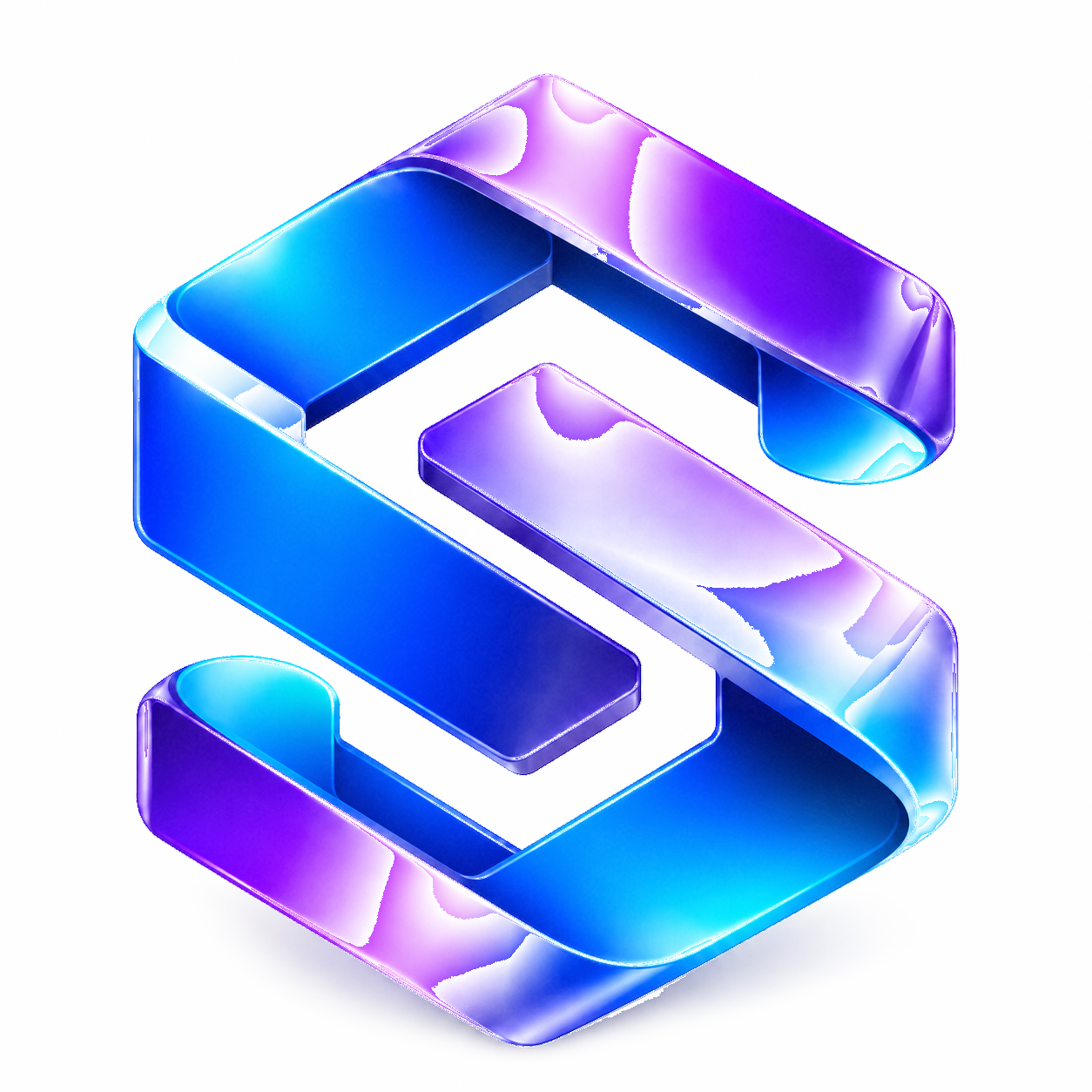 Glossy 3D violet and electric blue JS Tech geometric emblem